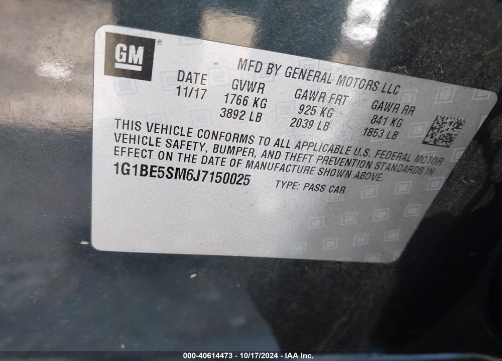 2018 CHEVROLET CRUZE LT AUTO VIN: 1G1BE5SM6J7150025