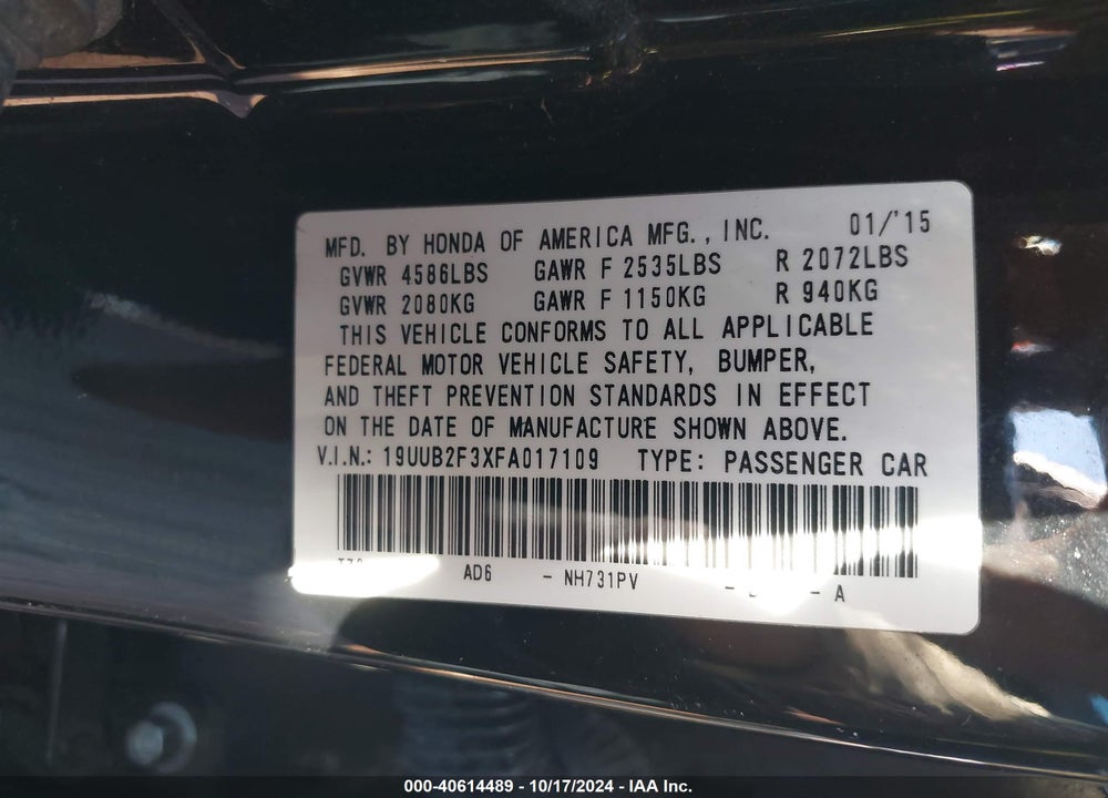 2015 ACURA TLX V6 VIN: 19UUB2F3XFA017109