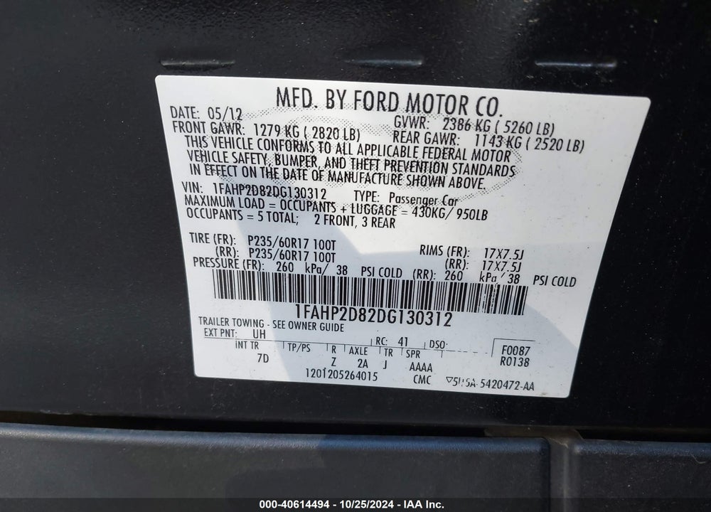 2013 FORD TAURUS SE VIN: 1FAHP2D82DG130312