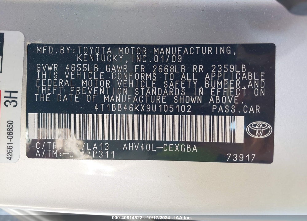 2009 TOYOTA CAMRY HYBRID VIN: 4T1BB46KX9U105102