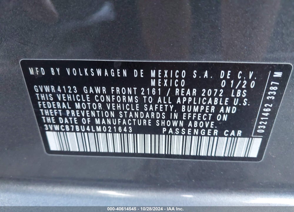 2020 VOLKSWAGEN JETTA VIN: 3VWCB7BU4LM021643