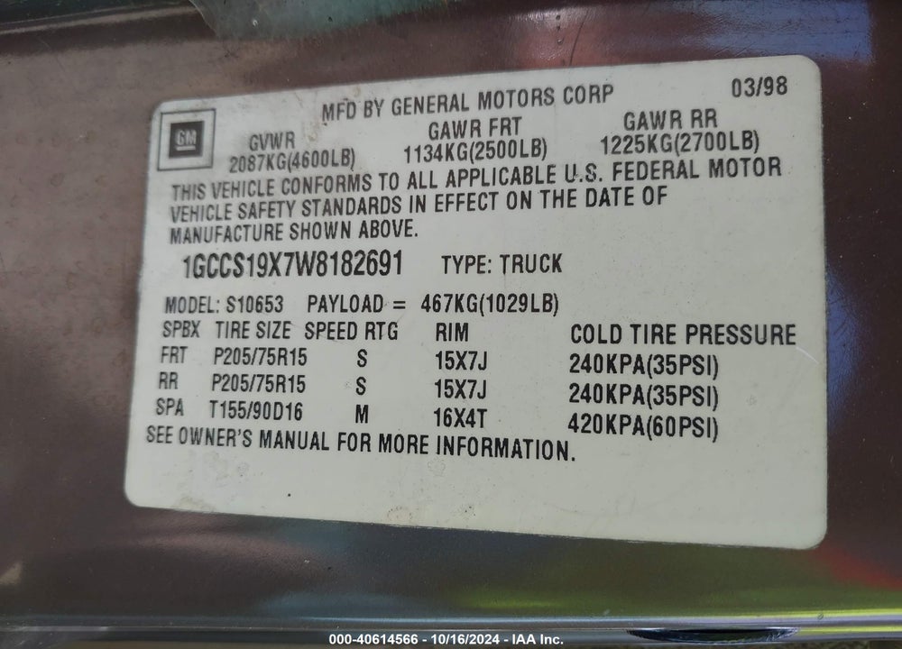 1998 CHEVROLET S-10 LS FLEETSIDE VIN: 1GCCS19X7W8182691