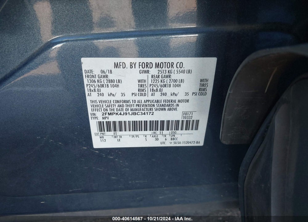 2018 FORD EDGE SEL VIN: 2FMPK4J91JBC34172