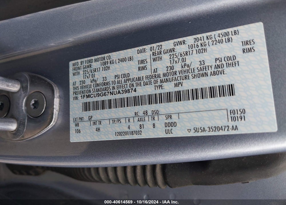 2022 FORD ESCAPE SE VIN: 1FMCU9G67NUA39874