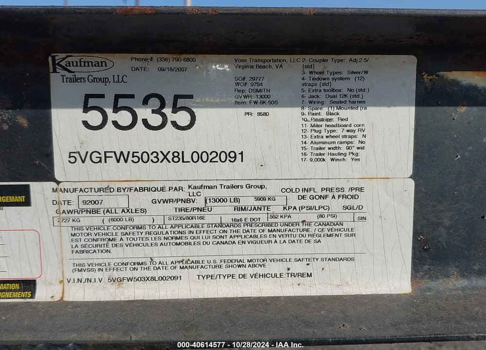 2008 KAUFMAN TRAILERS TRI AXLE CAR CARRIER VIN: 5VGFW503X8L002091