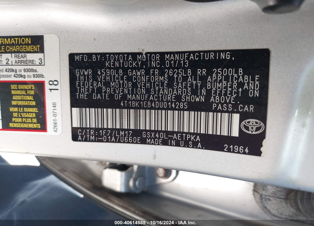 2013 TOYOTA AVALON LIMITED VIN: 4T1BK1EB4DU014285