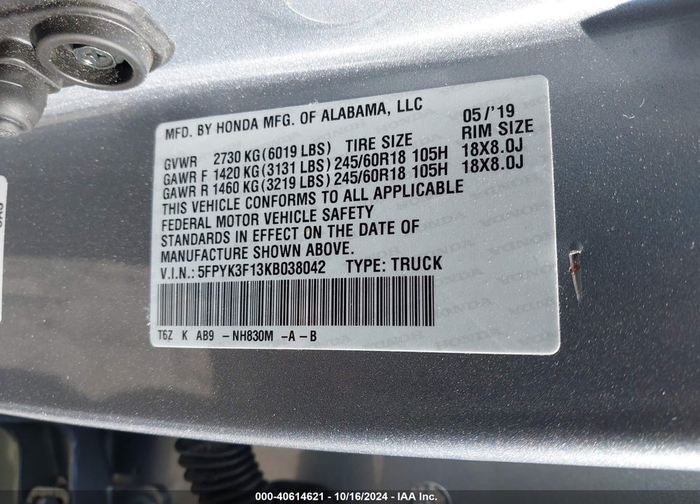 2019 HONDA RIDGELINE SPORT VIN: 5FPYK3F13KB038042
