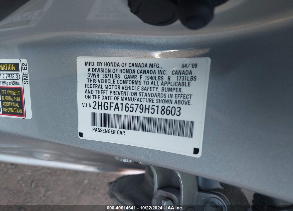 2009 HONDA CIVIC LX VIN: 2HGFA16579H518603