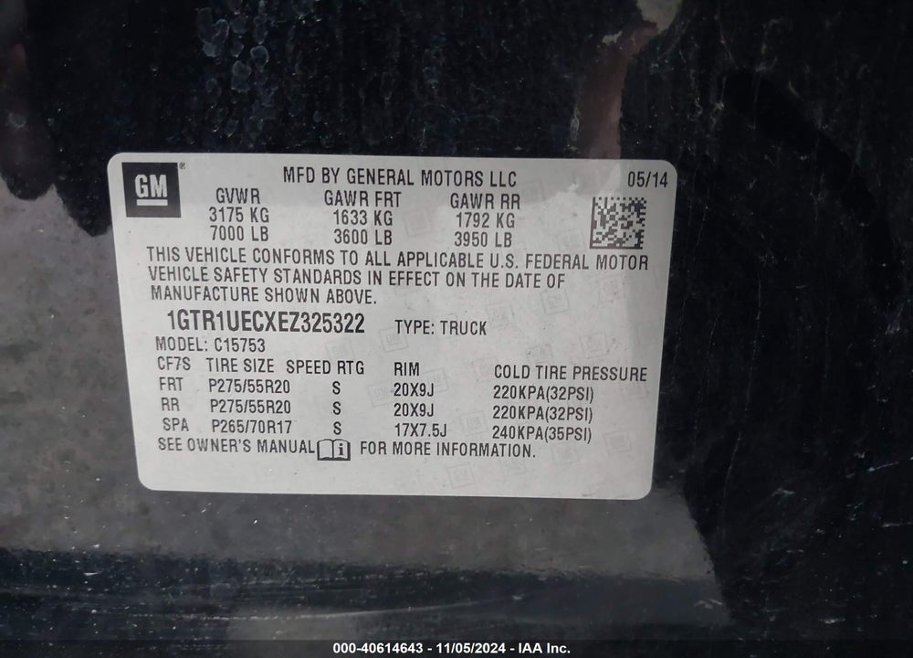 2014 GMC SIERRA 1500 SLE VIN: 1GTR1UECXEZ325322