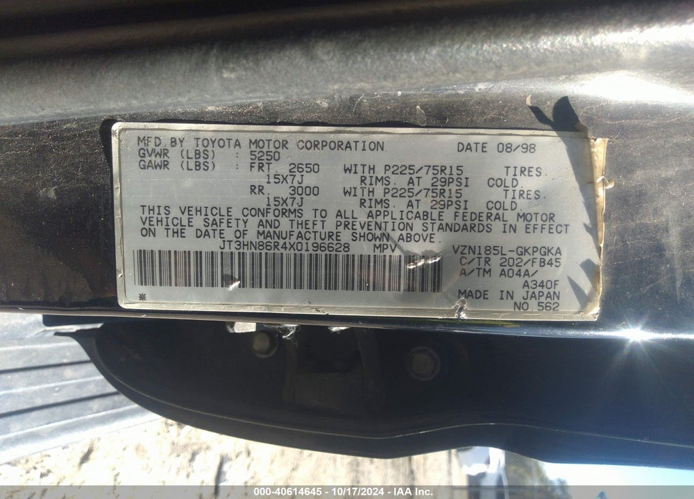 1999 TOYOTA 4RUNNER SR5 V6 VIN: JT3HN86R4X0196628