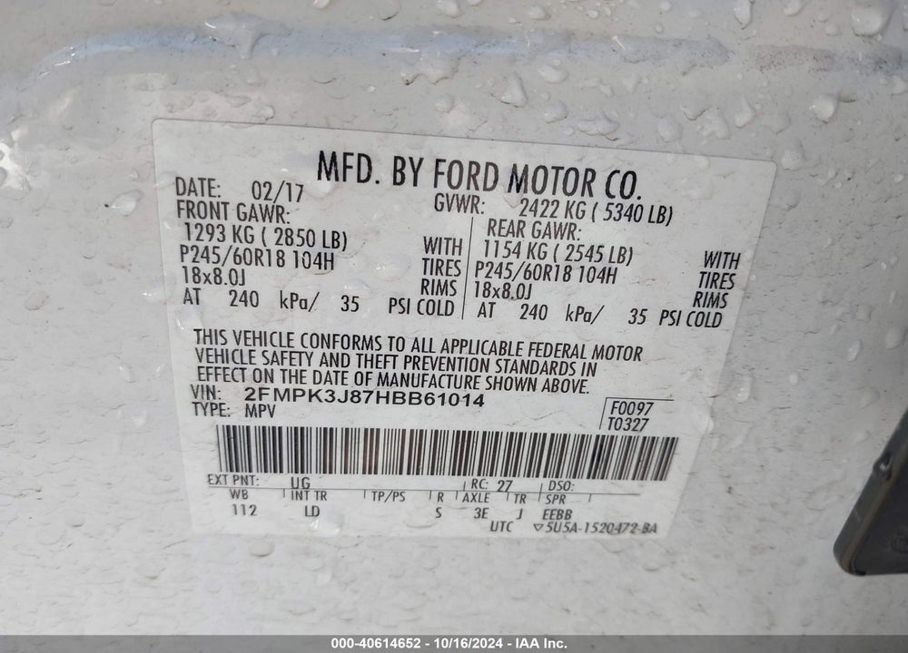 2017 FORD EDGE SEL VIN: 2FMPK3J87HBB61014
