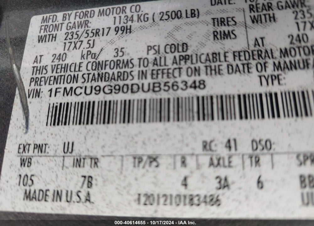 2013 FORD ESCAPE SE VIN: 1FMCU9G90DUB56348