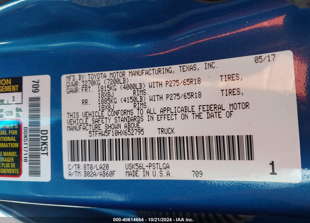 2017 TOYOTA TUNDRA LIMITED 5.7L V8 VIN: 5TFHW5F10HX652795