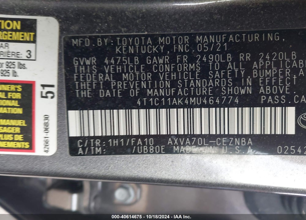 2021 TOYOTA CAMRY VIN: 4T1C11AK4MU464774
