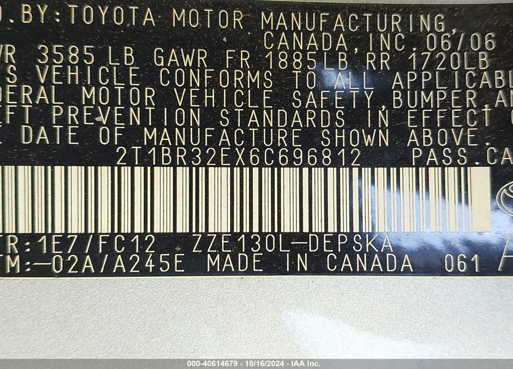 2006 TOYOTA COROLLA S VIN: 2T1BR32EX6C696812