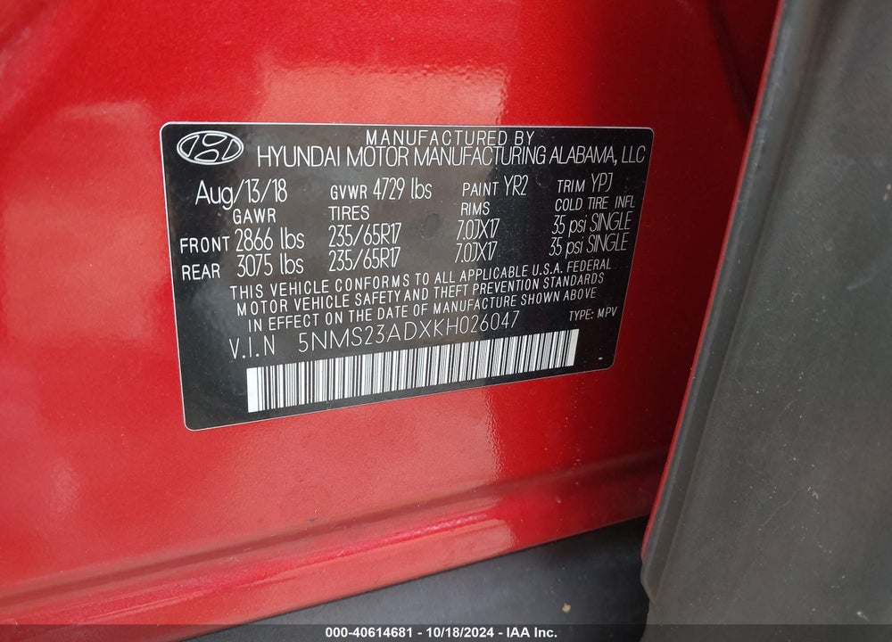 2019 HYUNDAI SANTA FE SE VIN: 5NMS23ADXKH026047