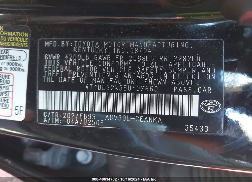 2005 TOYOTA CAMRY LE VIN: 4T1BE32K35U407669