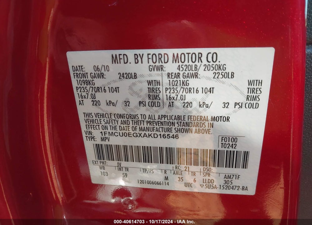 2010 FORD ESCAPE LIMITED VIN: 1FMCU0EGXAKD16546