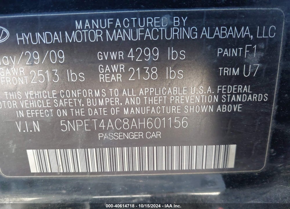2010 HYUNDAI SONATA GLS VIN: 5NPET4AC8AH601156