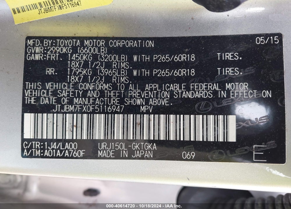 2015 LEXUS 460 VIN: JTJBM7FX0F5116947