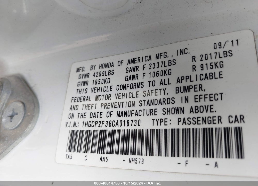 2012 HONDA ACCORD 2.4 LX VIN: 1HGCP2F38CA016730
