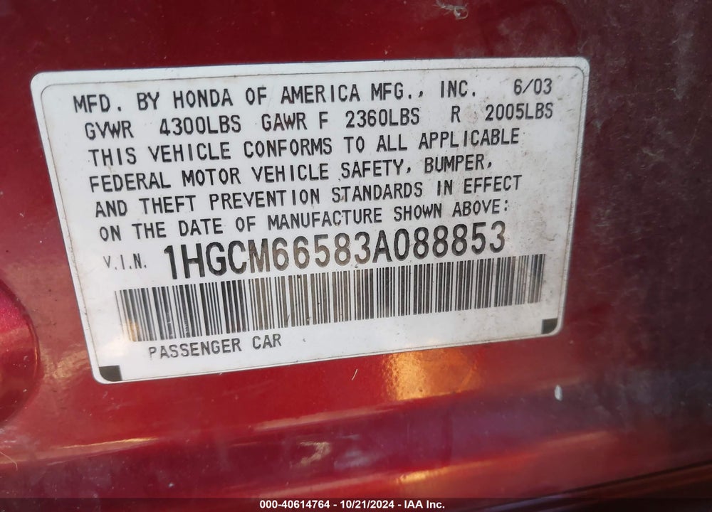 2003 HONDA ACCORD 3.0 EX VIN: 1HGCM66583A088853