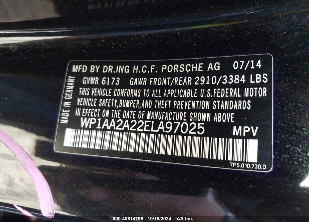 2014 PORSCHE CAYENNE VIN: WP1AA2A22ELA97025