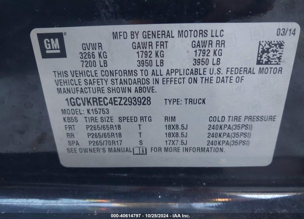 2014 CHEVROLET SILVERADO 1500 1LT VIN: 1GCVKREC4EZ293928