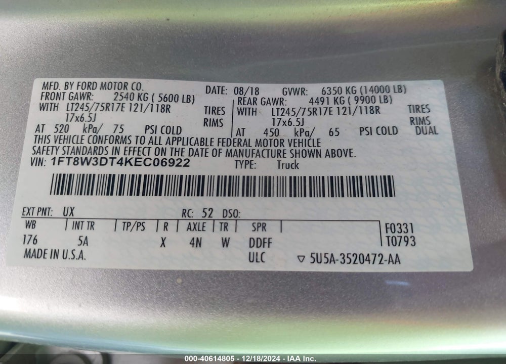 2019 FORD F-350 LARIAT VIN: 1FT8W3DT4KEC06922