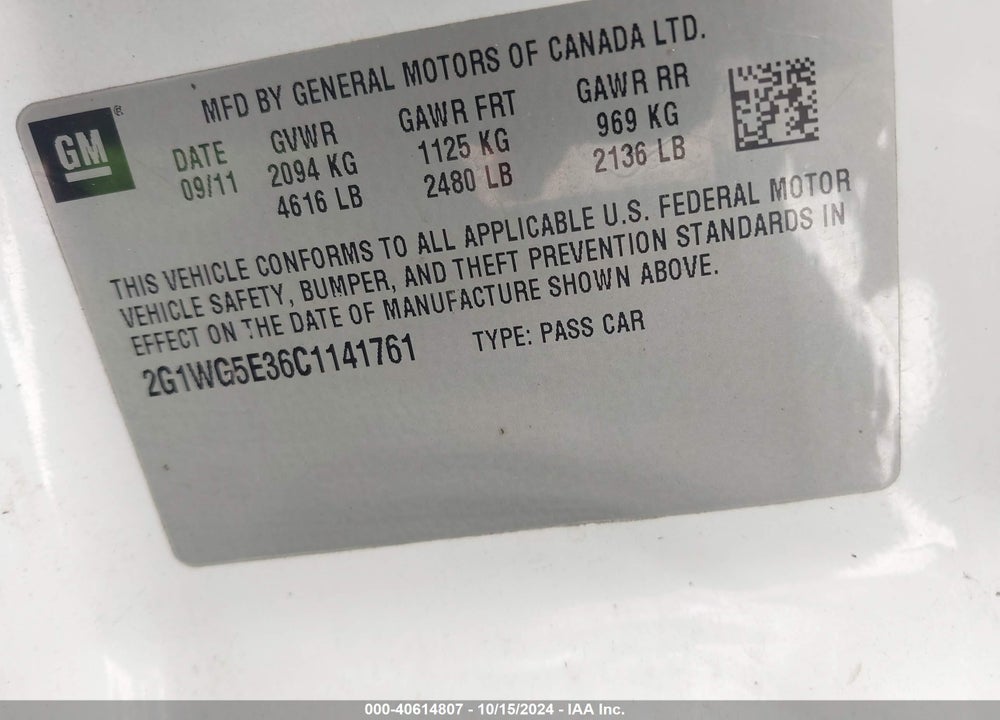 2012 CHEVROLET IMPALA LT VIN: 2G1WG5E36C1141761