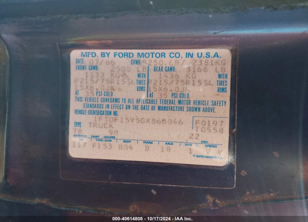1986 FORD F150 VIN: 1FTDF15Y5GKB60846