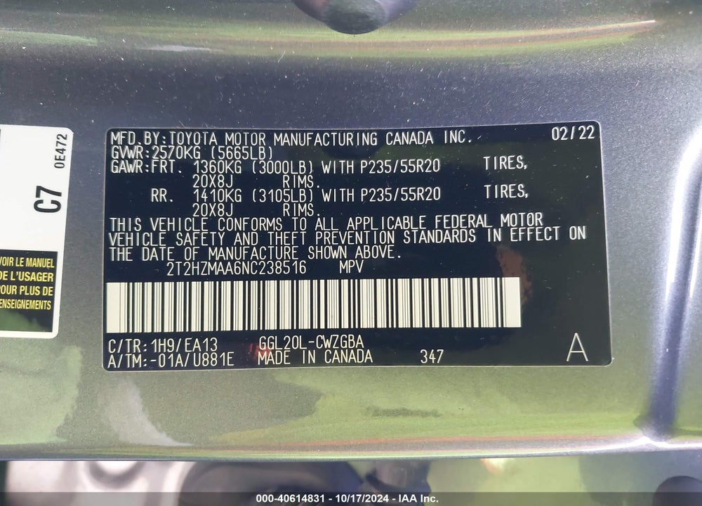 2022 LEXUS RX 350 VIN: 2T2HZMAA6NC238516