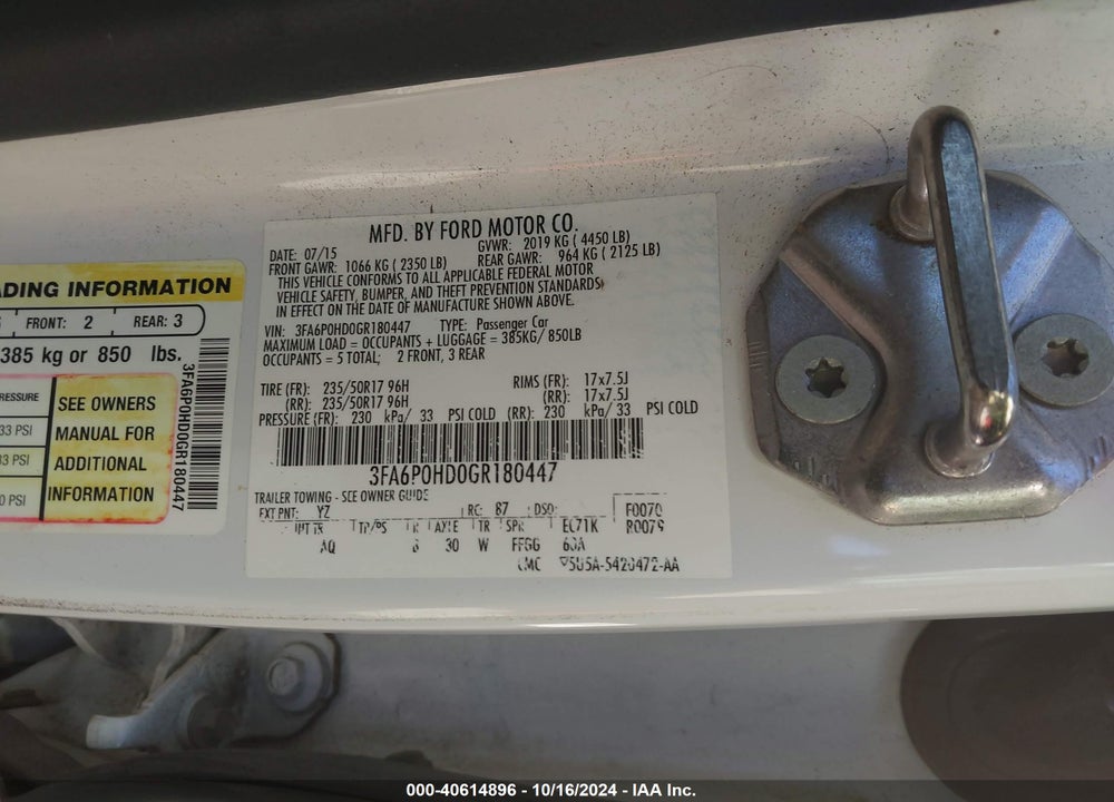 2016 FORD FUSION SE VIN: 3FA6P0HD0GR180447