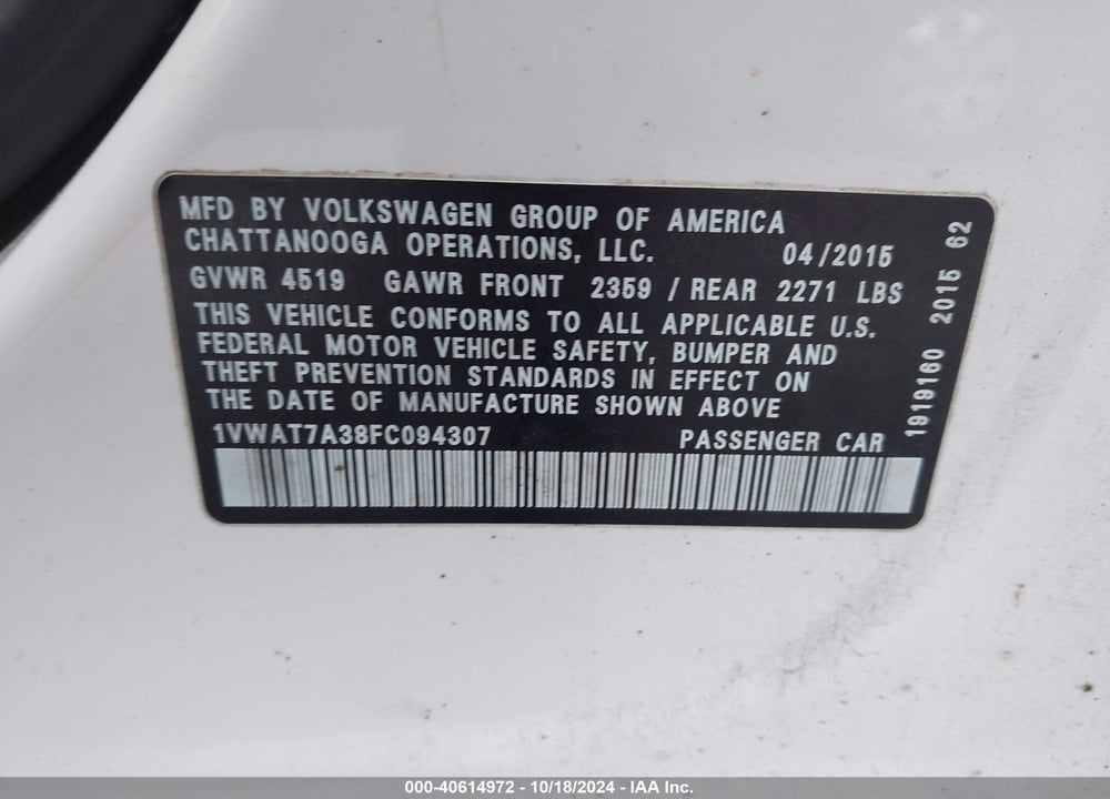 2015 VOLKSWAGEN PASSAT 1.8T LIMITED EDITION VIN: 1VWAT7A38FC094307