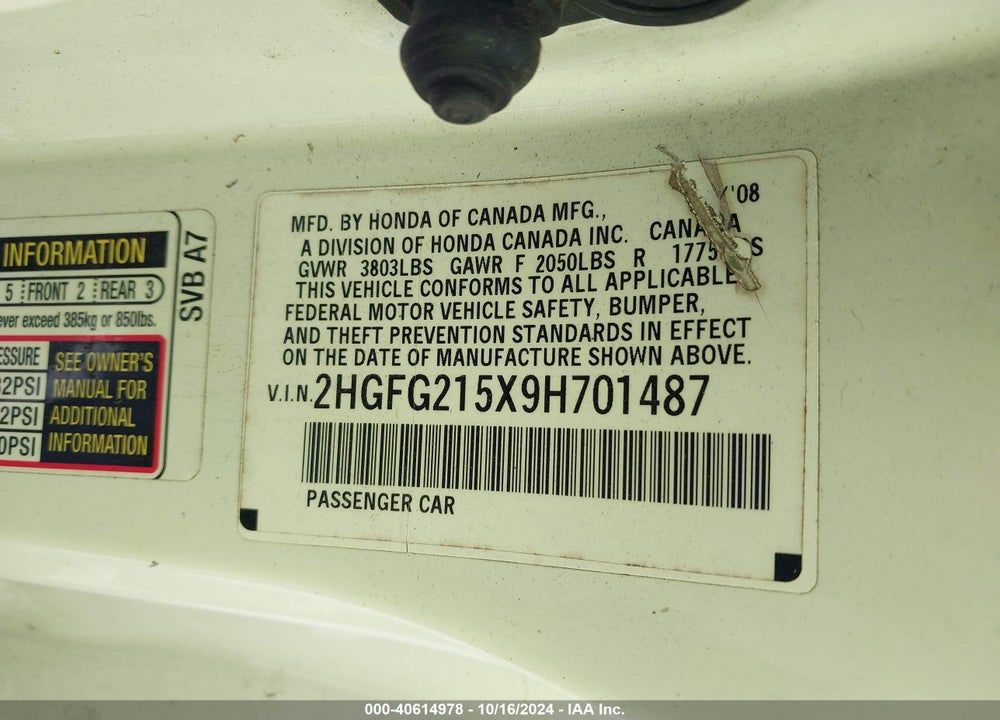 2009 HONDA CIVIC SI VIN: 2HGFG215X9H701487
