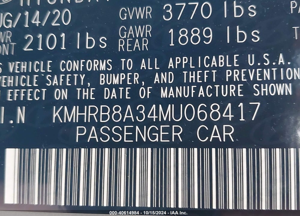 2021 HYUNDAI VENUE SE VIN: KMHRB8A34MU068417