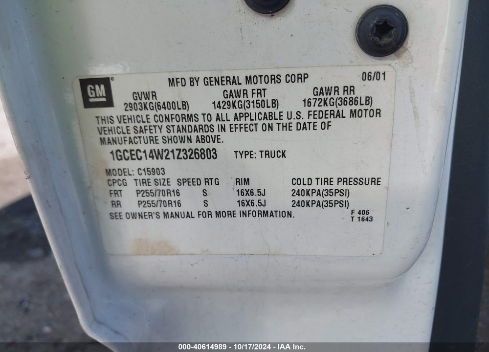 2001 CHEVROLET SILVERADO 1500 VIN: 1GCEC14W21Z326803