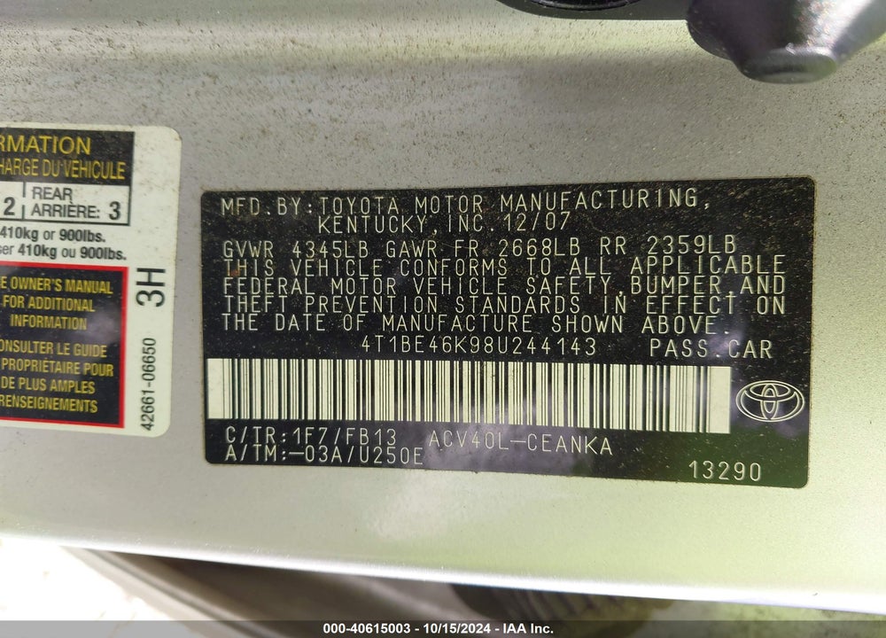 2008 TOYOTA CAMRY VIN: 4T1BE46K98U244143