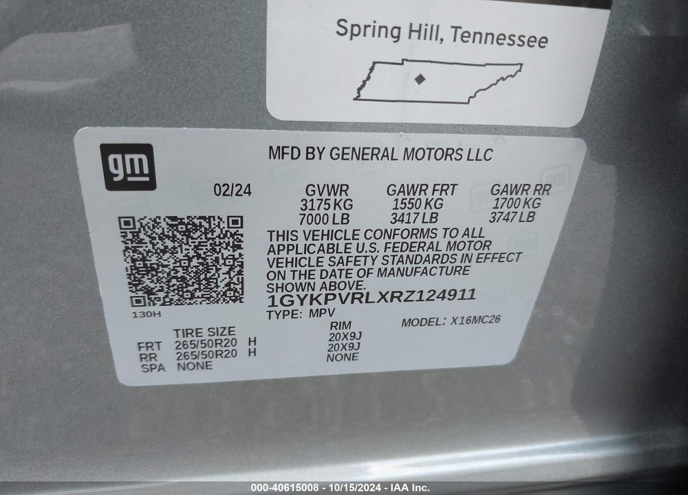 2024 CADILLAC LYRIQ SPORT W/1SJ VIN: 1GYKPVRLXRZ124911