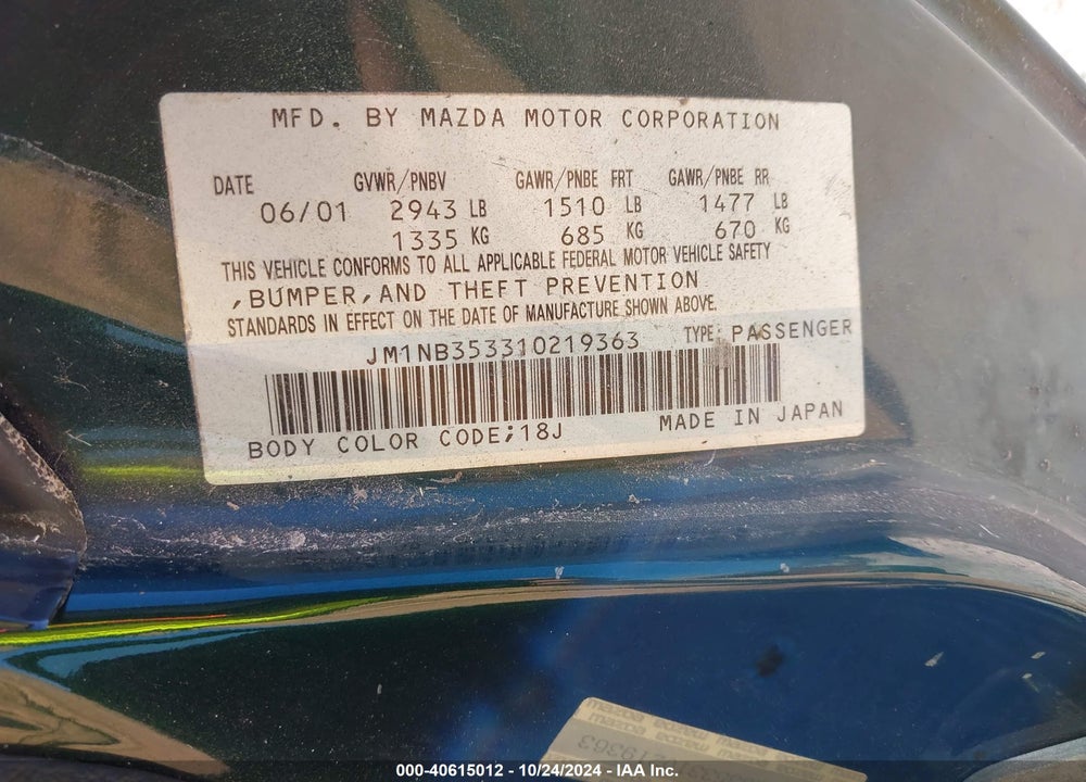 2001 MAZDA MX-5 MIATA LS/SPECIAL EDITION VIN: JM1NB353310219363