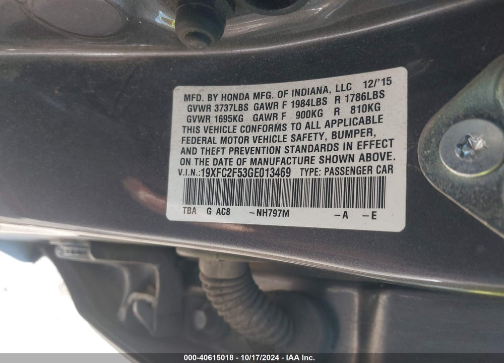 2016 HONDA CIVIC LX VIN: 19XFC2F53GE013469