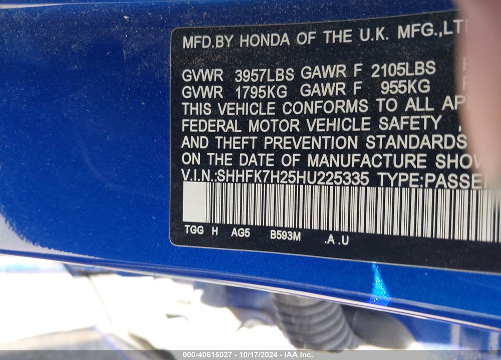 2017 HONDA CIVIC LX VIN: SHHFK7H25HU225335
