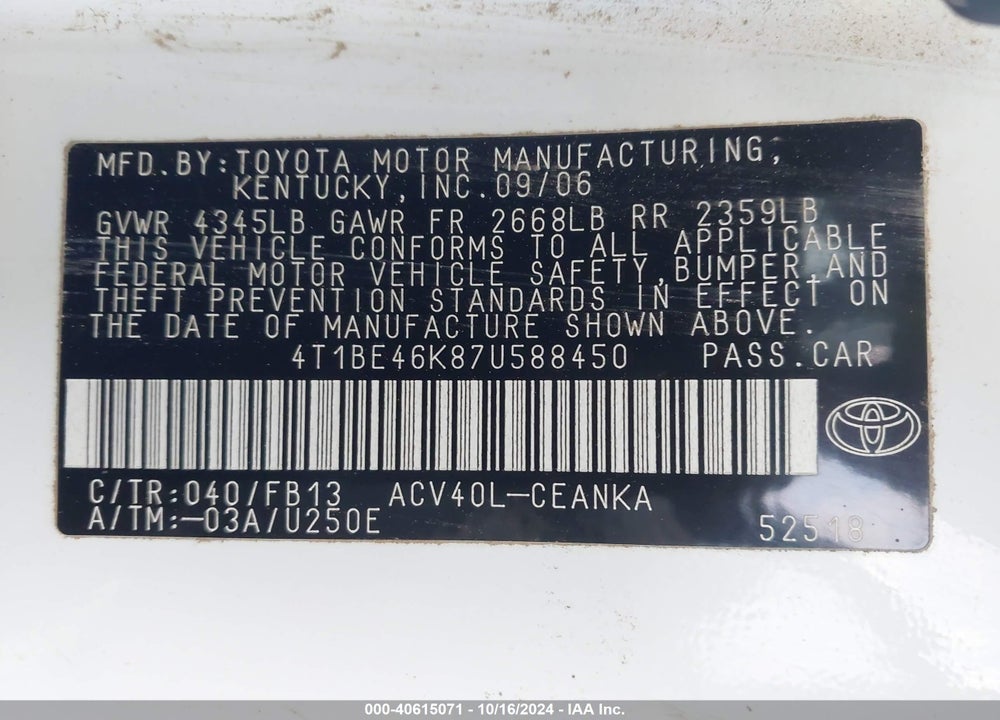 2007 TOYOTA CAMRY LE VIN: 4T1BE46K87U588450