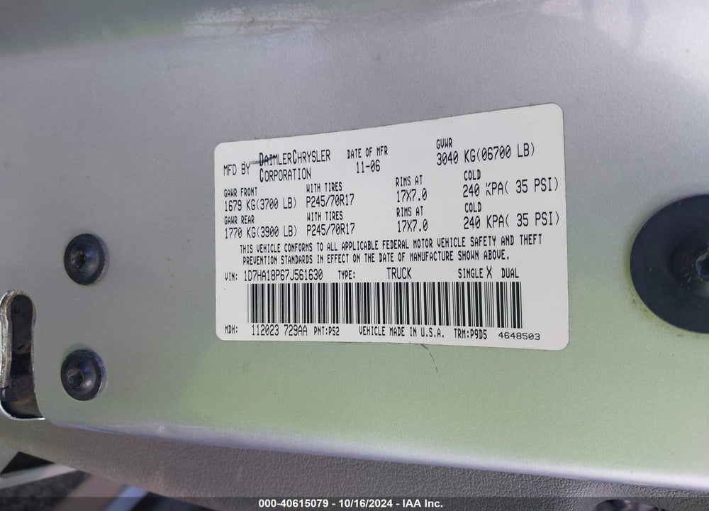 2007 DODGE RAM 1500 ST VIN: 1D7HA18P67J561630