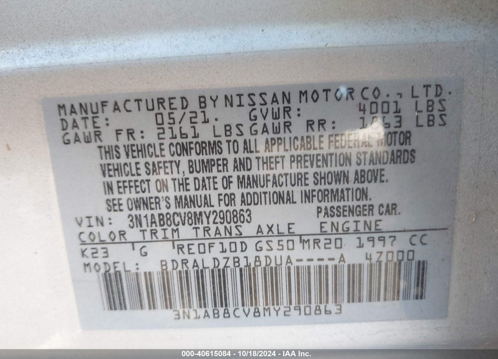 2021 NISSAN SENTRA SV XTRONIC CVT VIN: 3N1AB8CV8MY290863