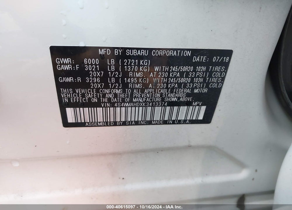 2019 SUBARU ASCENT PREMIUM VIN: 4S4WMAHDXK3413374