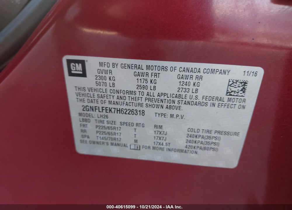 2017 CHEVROLET EQUINOX LT VIN: 2GNFLFEK7H6226318