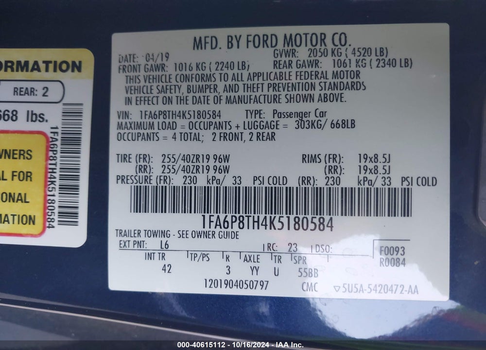 2019 FORD MUSTANG ECOBOOST PREMIUM VIN: 1FA6P8TH4K5180584
