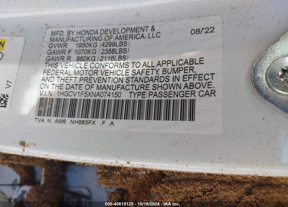 2022 HONDA ACCORD EX-L VIN: 1HGCV1F5XNA074150