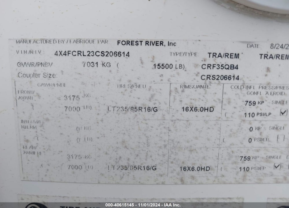 2012 FORE CEDARCREEK VIN: 4X4FCRL23CS206614